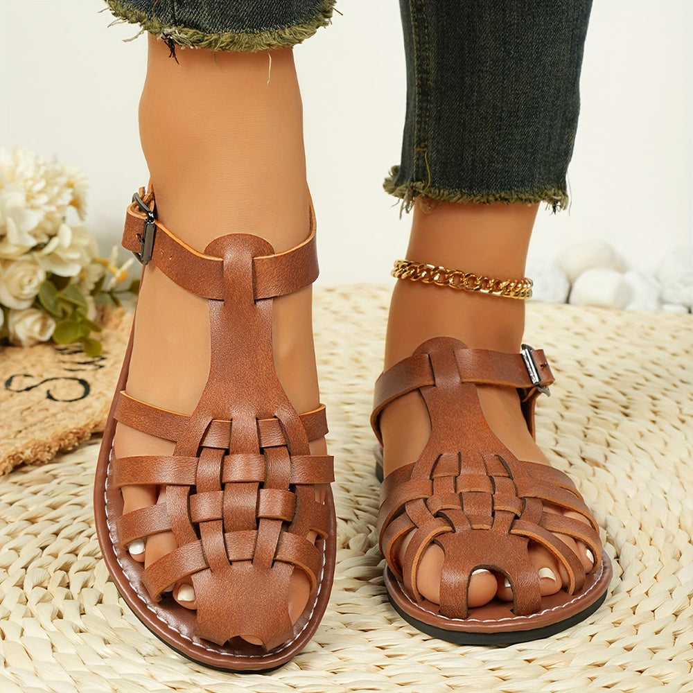 GewShopnoryte Flache Sandalen für Damen Vintage Stil, Geschlossener Zeh, Schnallenverschluss