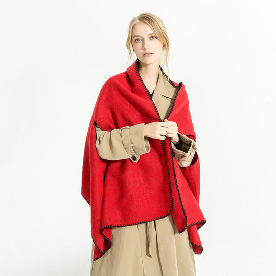 Damen Übergroßer Ruana-Poncho mit Armausschnitten und kontrastierender Kettelnaht Shop Nory