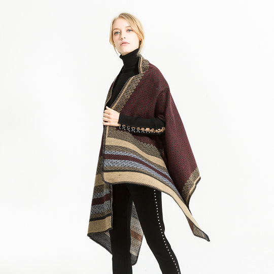 Damen Weicher Jacquard‑Ruana‑Überwurf mit Ethno‑Bordüre und offenem Oversize‑Fall Shop Nory