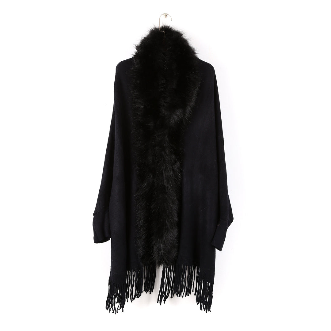 Damen Poncho mit Kunstpelzkragen und Fransen Shop Nory