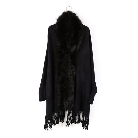 Damen Poncho mit Kunstpelzkragen und Fransen Shop Nory
