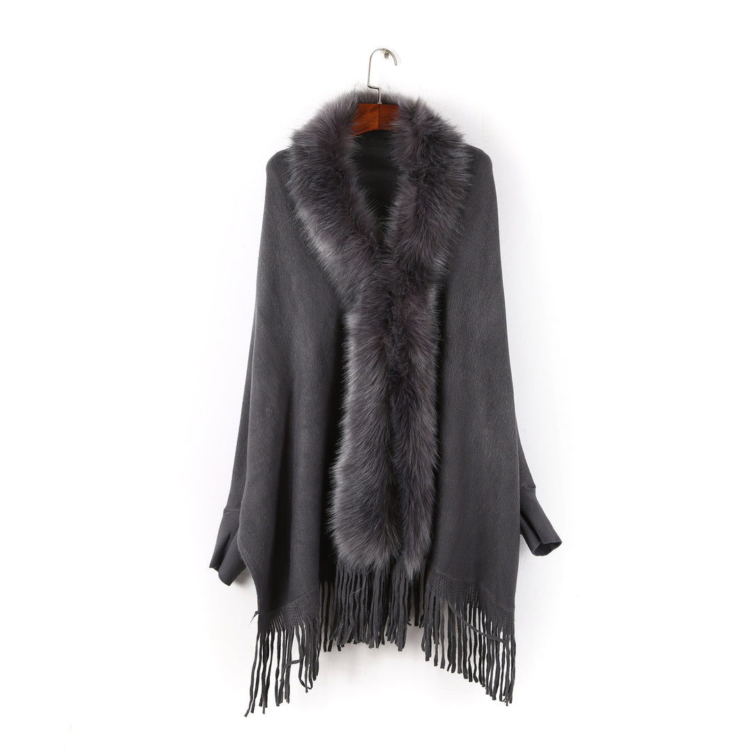 Damen Poncho mit Kunstpelzkragen und Fransen Shop Nory
