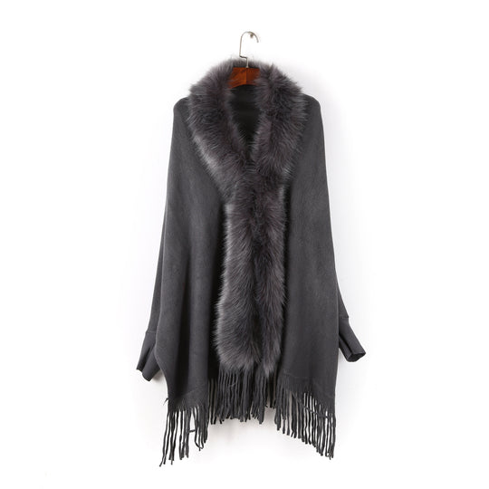 Damen Poncho mit Kunstpelzkragen und Fransen Shop Nory