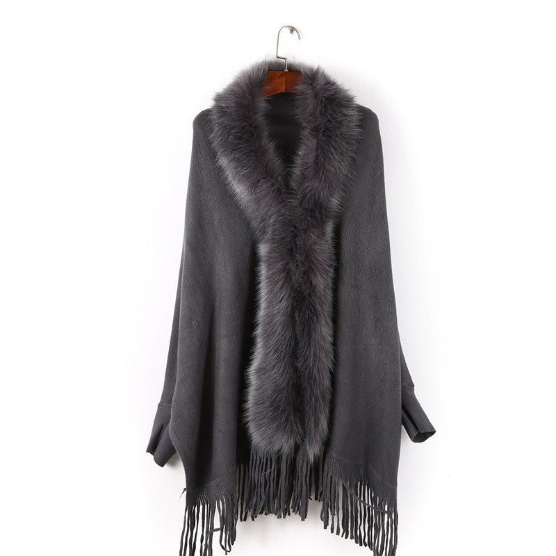Damen Poncho mit Kunstpelzkragen und Fransen Shop Nory
