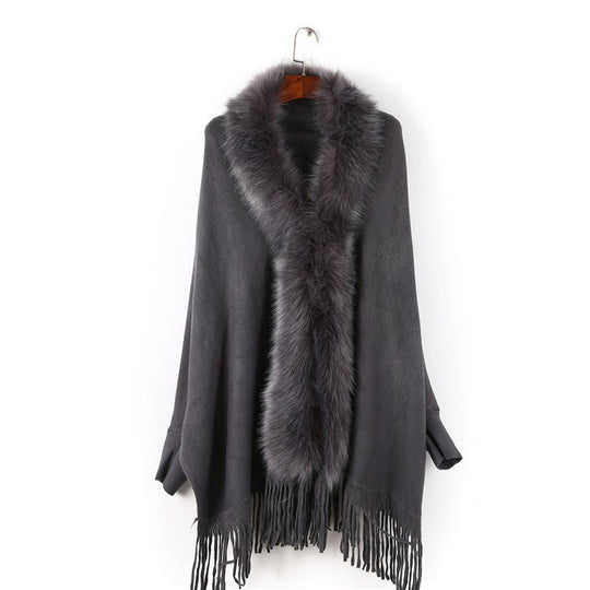 Damen Poncho mit Kunstpelzkragen und Fransen Shop Nory