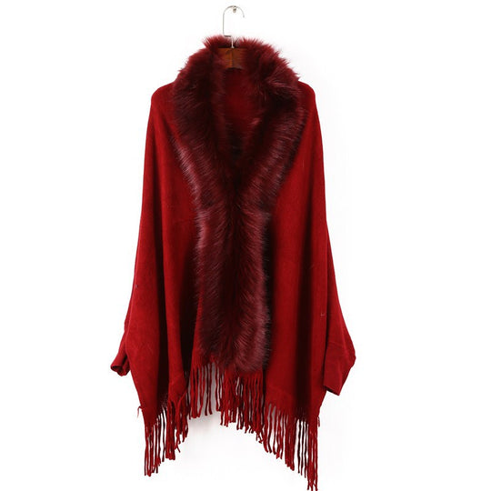 Damen Poncho mit Kunstfellkragen und Fransensaum Shop Nory