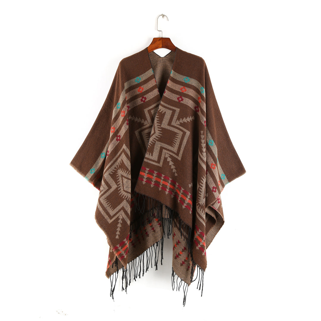 Damen Oversize-Poncho im Ruana-Stil mit Ethno-Jacquard und Fransensaum Shop Nory