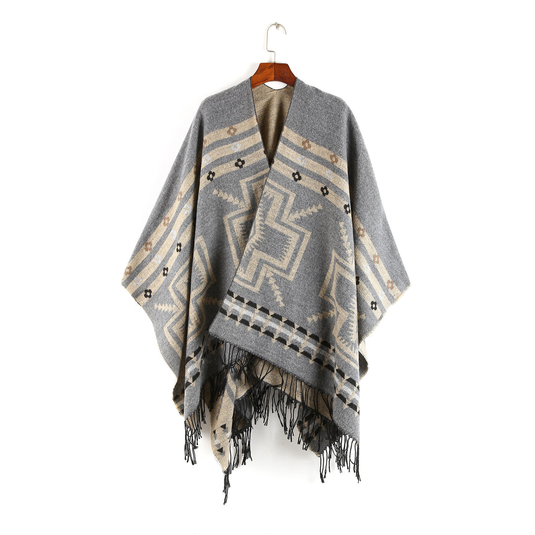 Damen Oversize-Poncho im Ruana-Stil mit Ethno-Jacquard und Fransensaum Shop Nory
