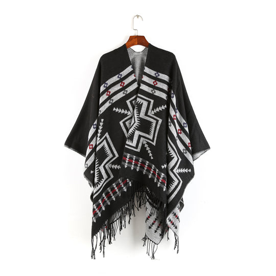 Damen Oversize-Poncho im Ruana-Stil mit Ethno-Jacquard und Fransensaum Shop Nory