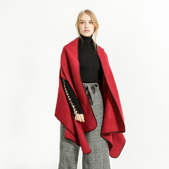 Damen Übergroßer Ruana-Poncho mit Armausschnitten und kontrastierender Kettelnaht Shop Nory