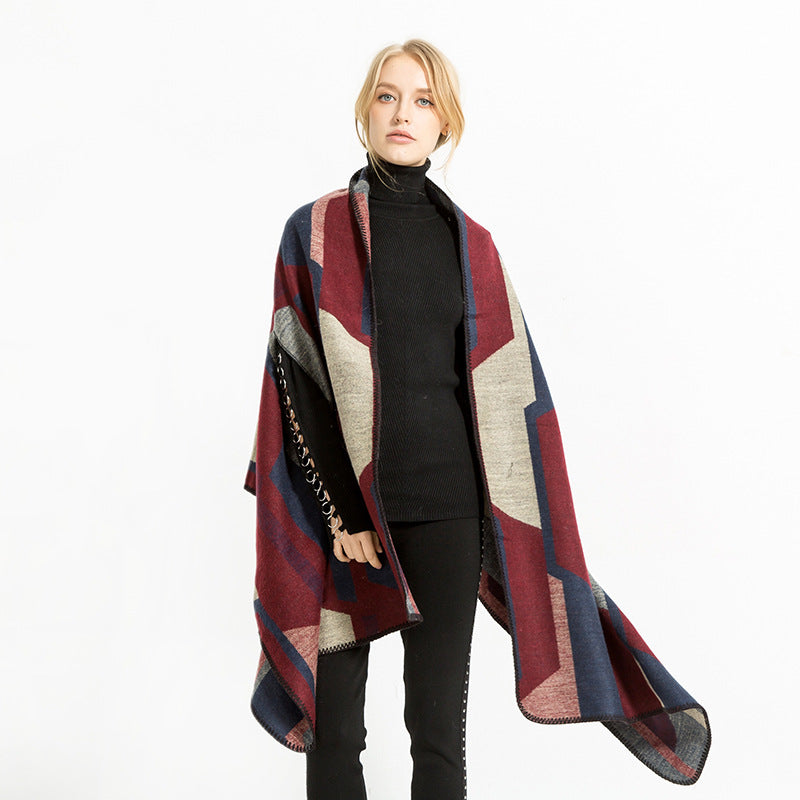 Damen Geometrischer Jacquard‑Überwurf im Ruana‑Stil mit Kapuze Shop Nory
