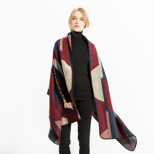 Damen Geometrischer Jacquard‑Überwurf im Ruana‑Stil mit Kapuze Shop Nory