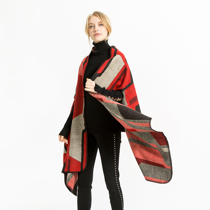 Damen Geometrischer Jacquard‑Überwurf im Ruana‑Stil mit Kapuze Shop Nory