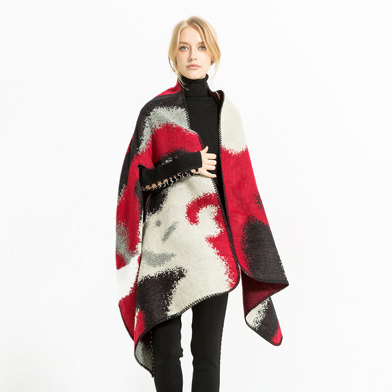 Damen Geometrischer Jacquard‑Überwurf im Ruana‑Stil mit Kapuze Shop Nory