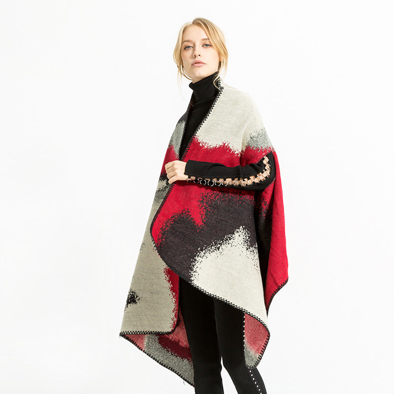 Damen Geometrischer Jacquard‑Überwurf im Ruana‑Stil mit Kapuze Shop Nory