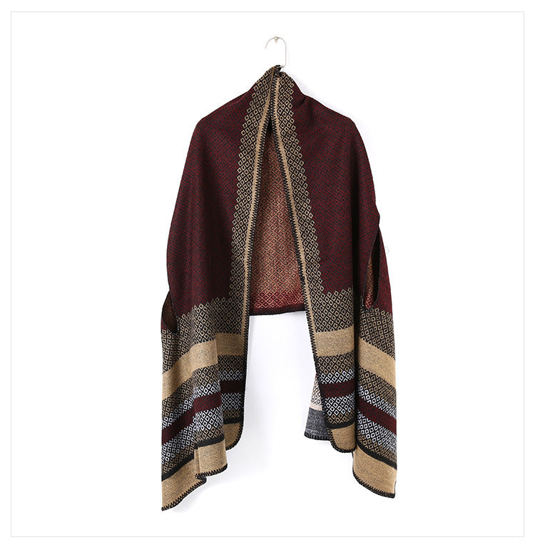 Damen Weicher Jacquard‑Ruana‑Überwurf mit Ethno‑Bordüre und offenem Oversize‑Fall Shop Nory