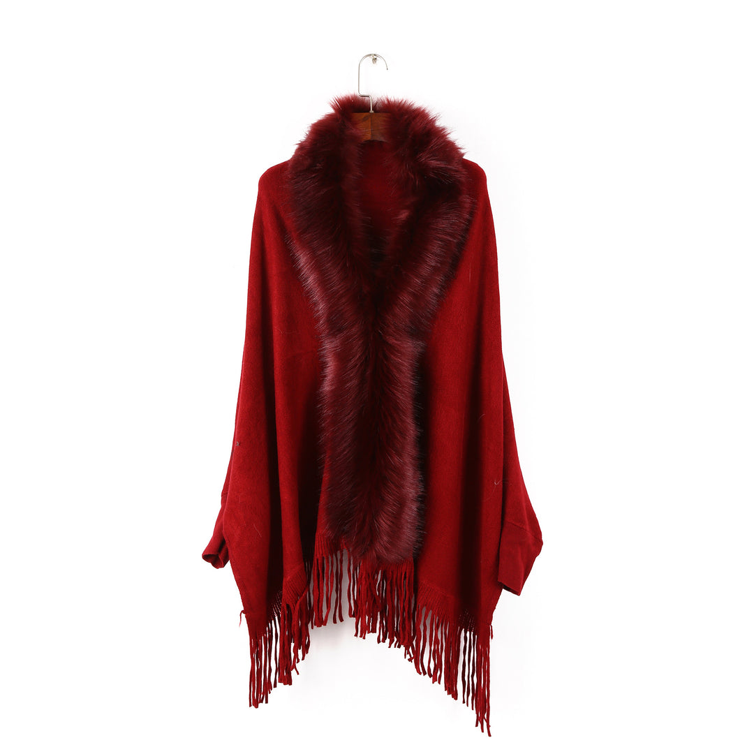Damen Poncho mit Kunstpelzkragen und Fransen Shop Nory