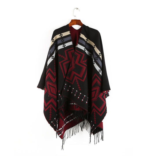 Damen Oversize-Poncho im Ruana-Stil mit Ethno-Jacquard und Fransensaum Shop Nory