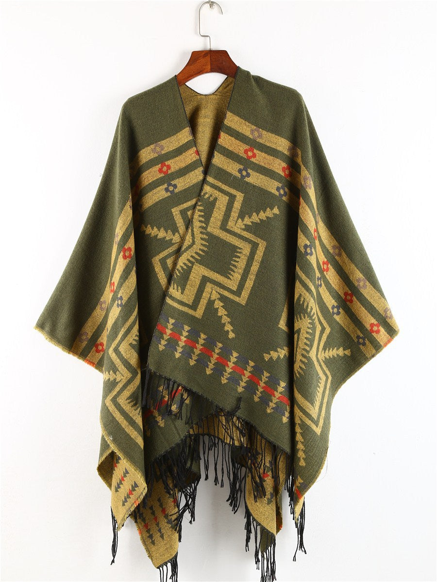 Damen Oversize-Poncho im Ruana-Stil mit Ethno-Jacquard und Fransensaum Shop Nory