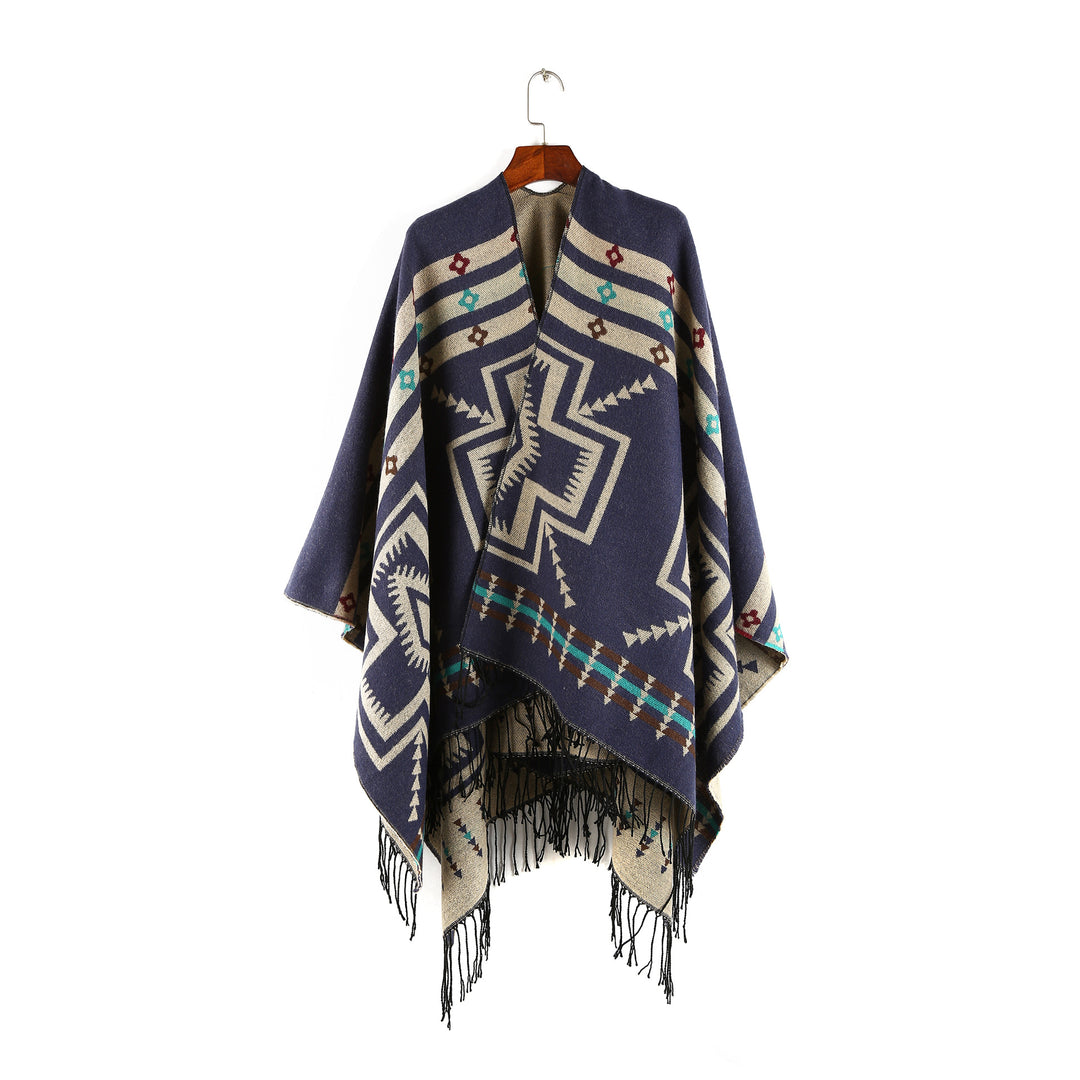 Damen Oversize-Poncho im Ruana-Stil mit Ethno-Jacquard und Fransensaum Shop Nory