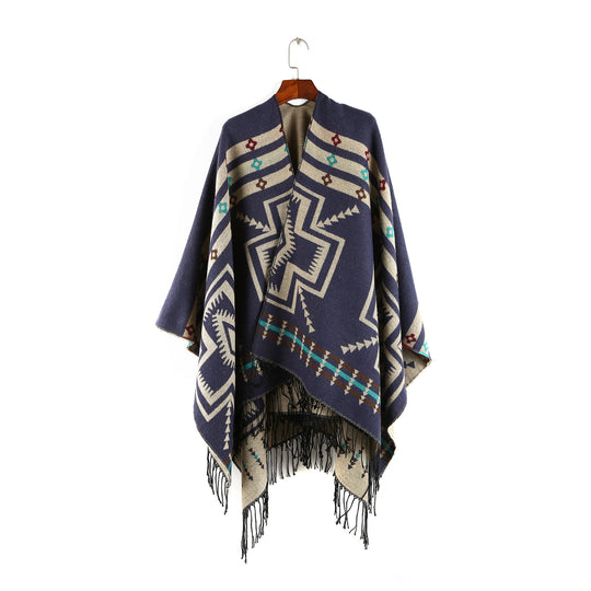 Damen Oversize-Poncho im Ruana-Stil mit Ethno-Jacquard und Fransensaum Shop Nory