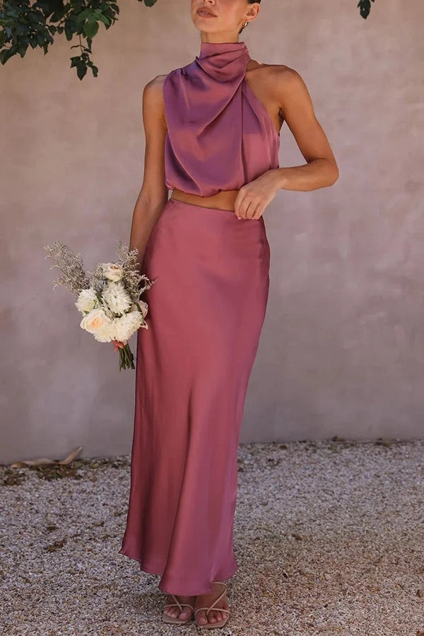 Solch Eine Stimmung Hochgeschlossene Satin Drapiert Maxirock Set