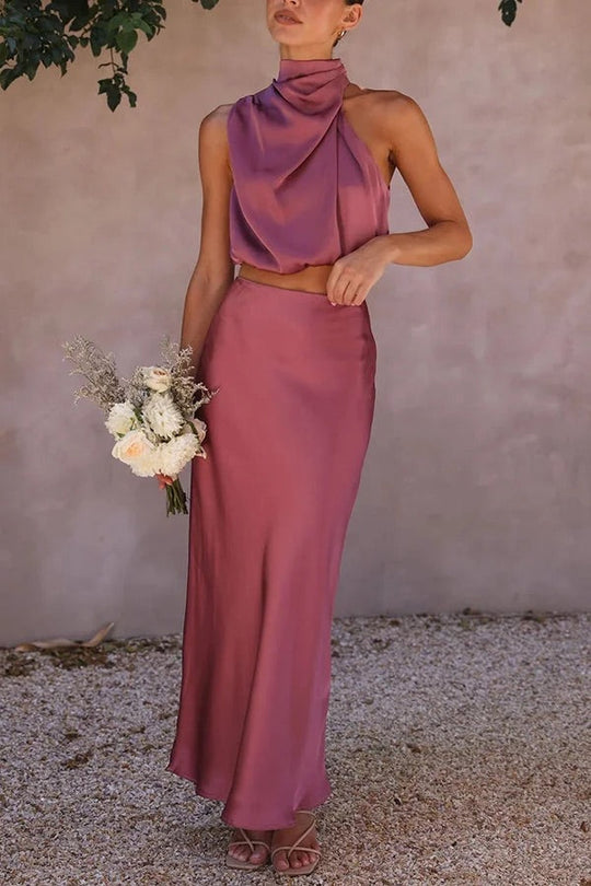 Solch Eine Stimmung Hochgeschlossene Satin Drapiert Maxirock Set
