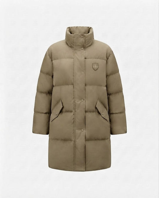 Damen langer thermoge quilteter Mantel im oversized Schnitt mit abgerundetem Saum, College-Logo und großen Klappentaschen