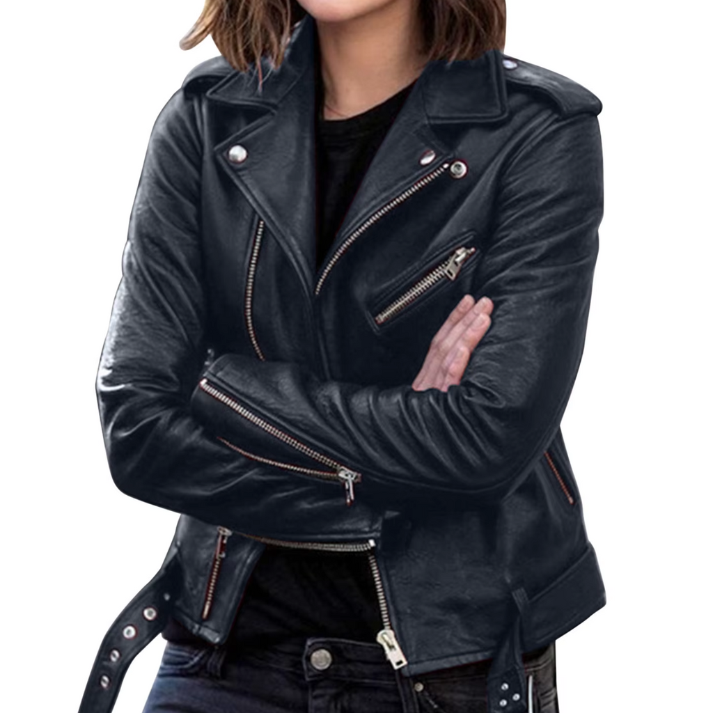 jacke Damen Biker Modell mit Gürtel und Reißverschlussdetails