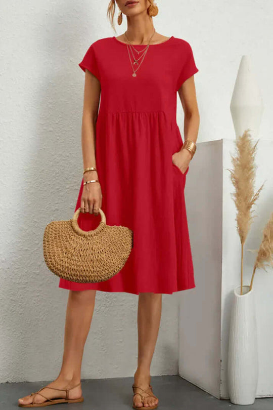 Einfarbiges, Lässiges Kleid mit Kurzen Ärmeln und Rundem Halsausschnitt