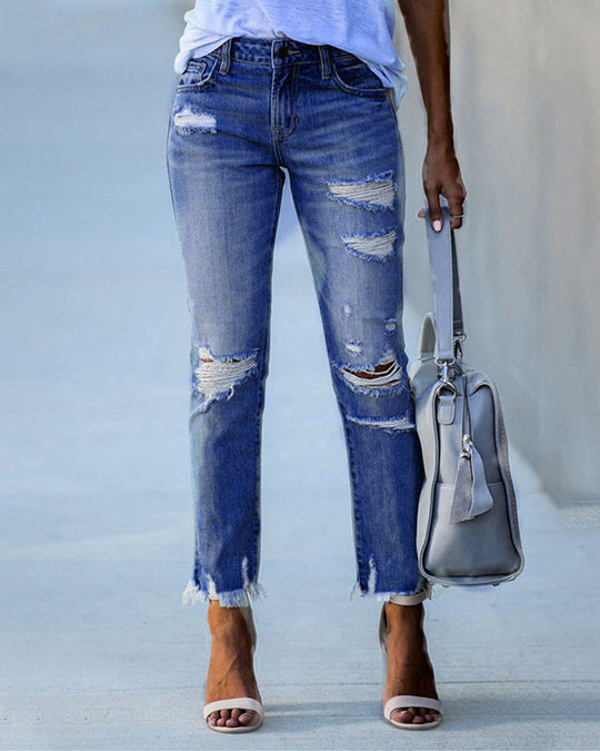 Damen Schicke Zerfledderte Jeans Denim