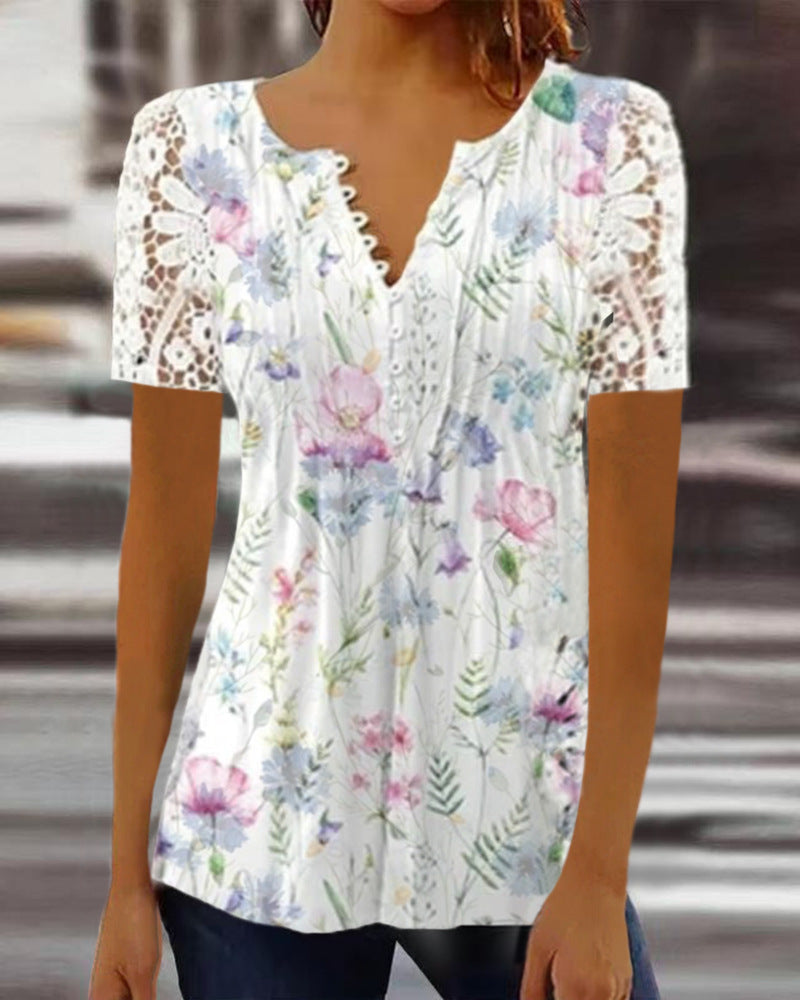 Elegantes T-Shirt mit Kurzen Ärmeln und V-Ausschnitt Print für Damen
