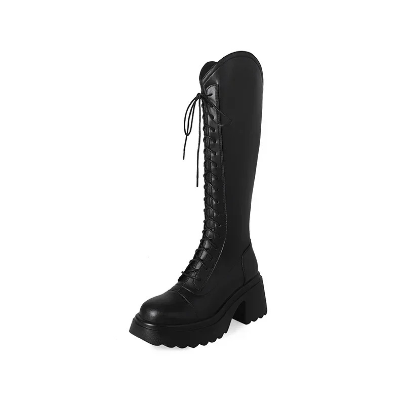 Hohe Stiefel Damenstiefel mit Schnürung und Robuster Ferse