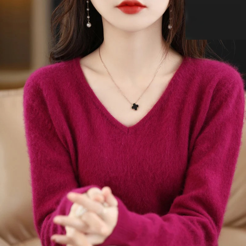Pullover Damen V-ausschnitt Leichter und Weicher Strickpullover