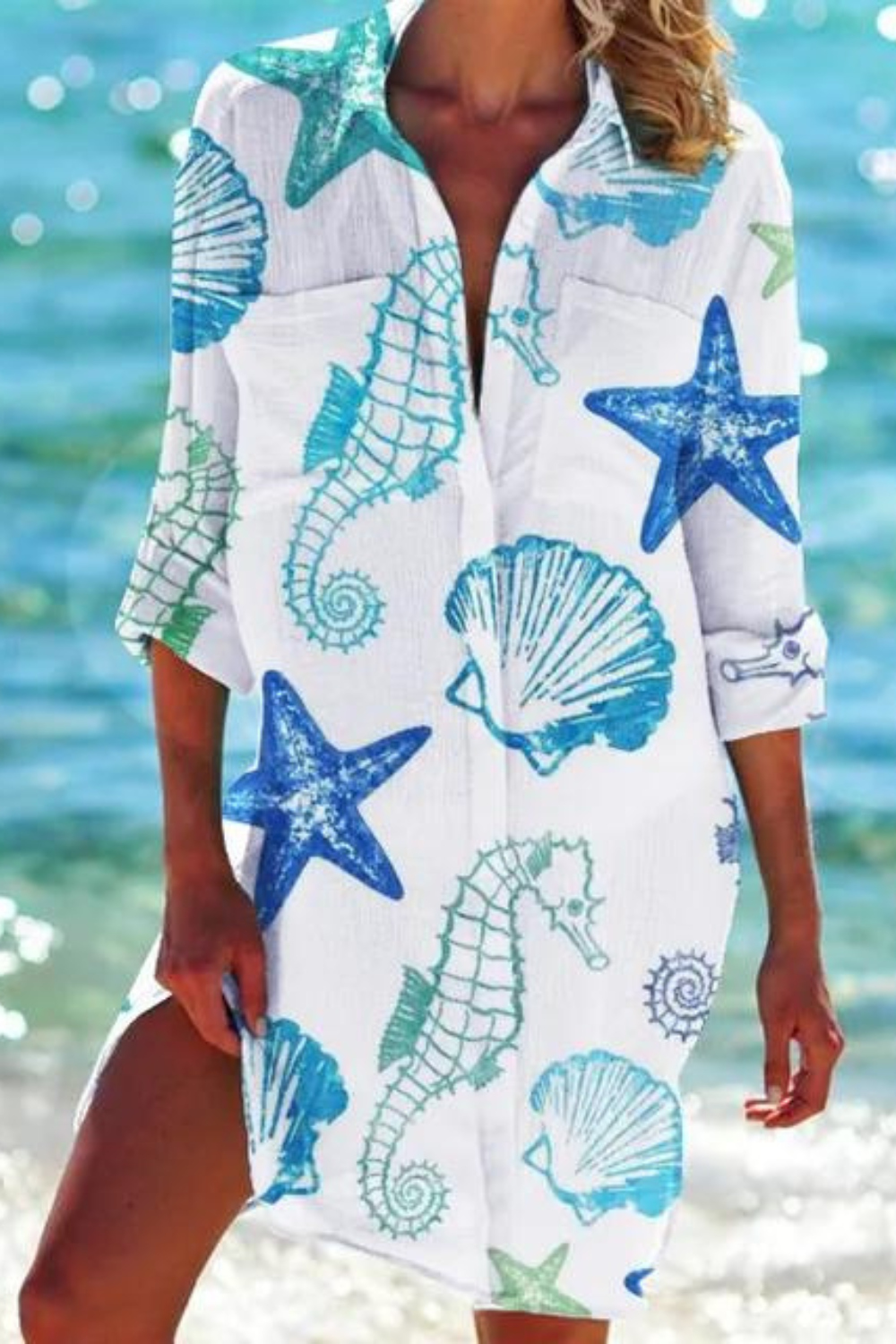 ShopNory - Lange Strandbluse mit Meeresmotiv