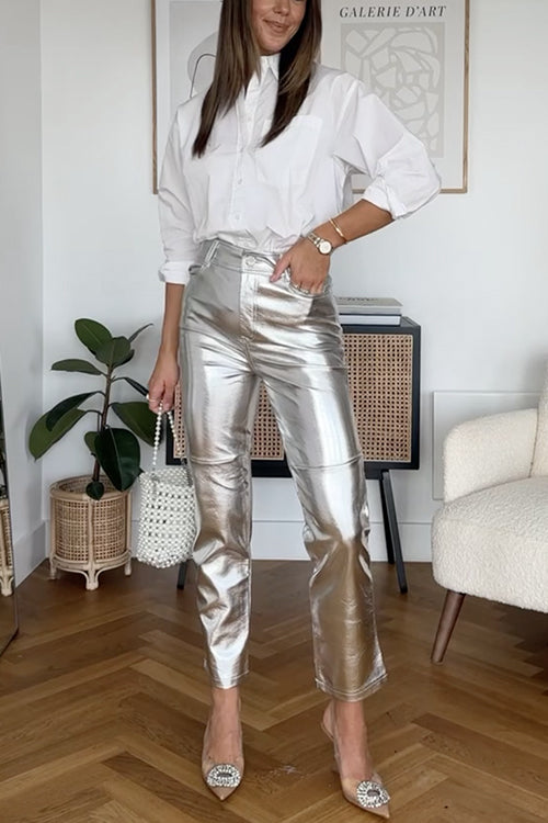 Rosiedress High Rise Metallic Fauxleder-Cropped-Hose