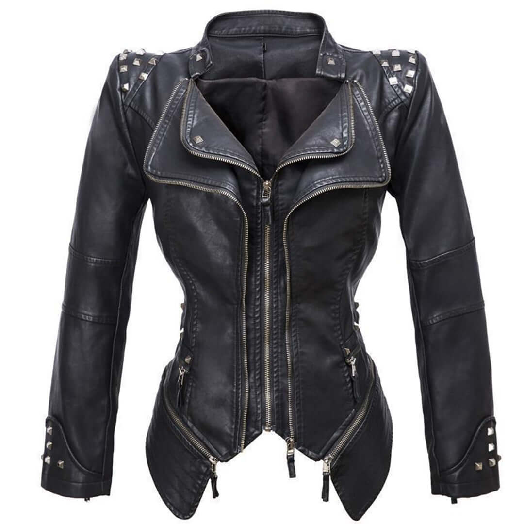 Damen Enganliegende Genietete Biker Lederjacke