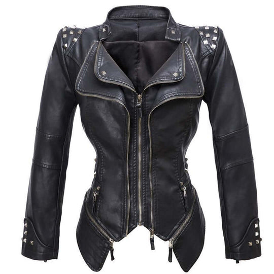 Damen Enganliegende Genietete Biker Lederjacke