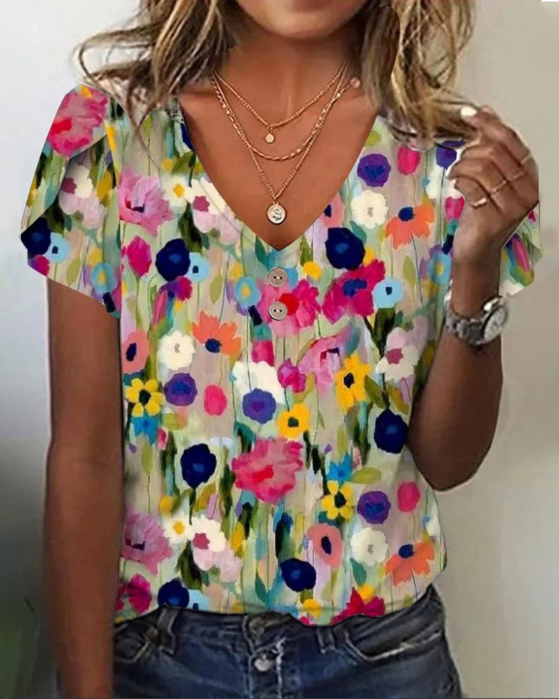 Shopnory | Kurzärmlige Farbenfrohe Blumenbluse mit V-Ausschnitt