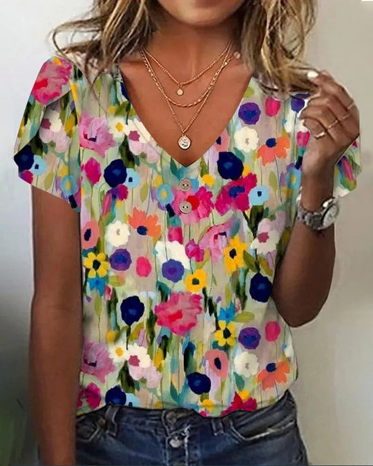 Shopnory | Kurzärmlige Farbenfrohe Blumenbluse mit V-Ausschnitt