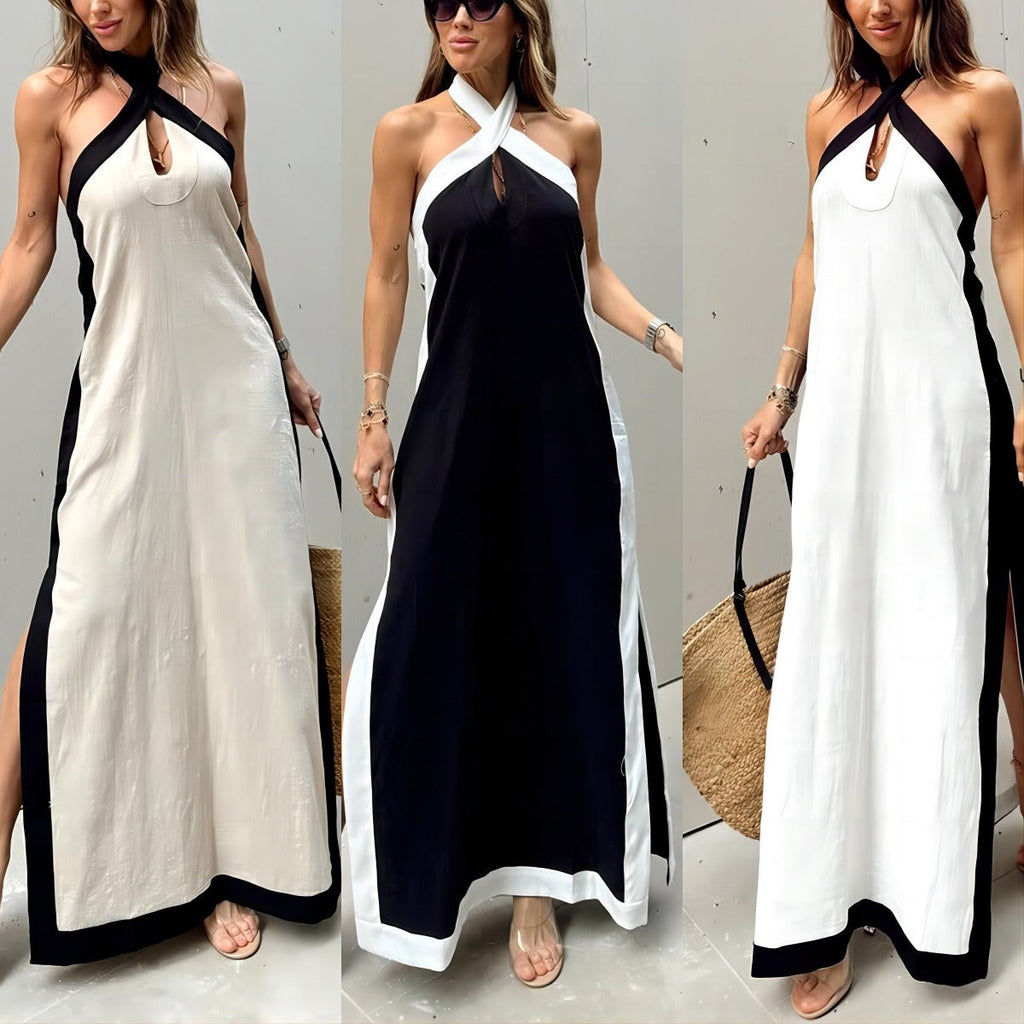 Kleid aus Baumwolle und Leinen mit nacktem Rücken und geteiltem Kragen