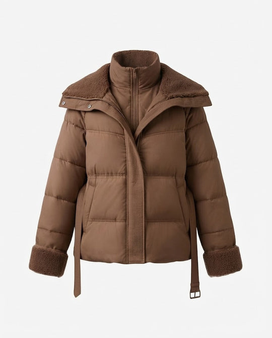 Damen kurze gepolsterte gesteppte Parka mit voluminösem Teddy-Kragen, tailliertem Gürtel und verdecktem Reißverschluss