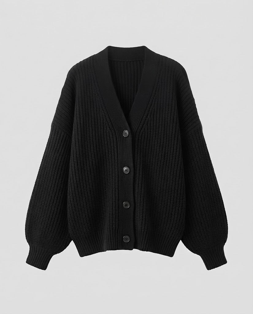 Damen Oversize-Rippstrick-Cardigan mit tiefem V-Ausschnitt, voluminösen Ärmeln und breiter Knopfleiste Shop Nory