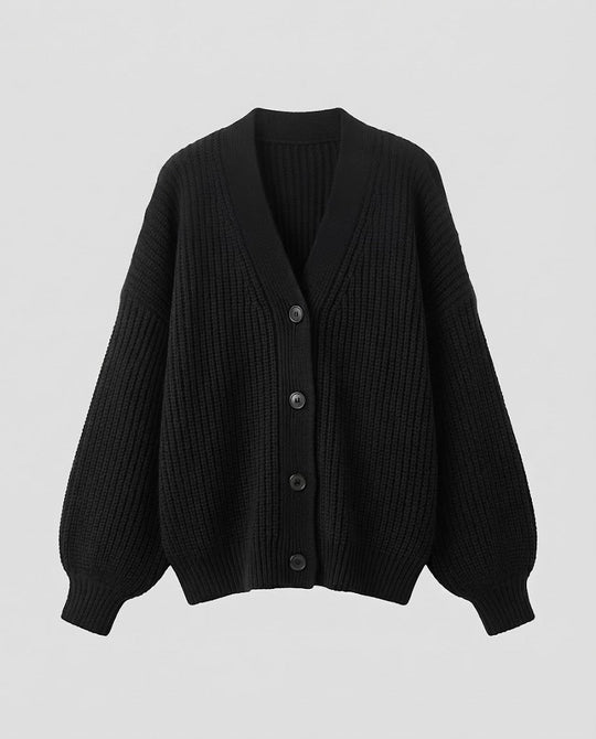 Damen Oversize-Rippstrick-Cardigan mit tiefem V-Ausschnitt, voluminösen Ärmeln und breiter Knopfleiste Shop Nory