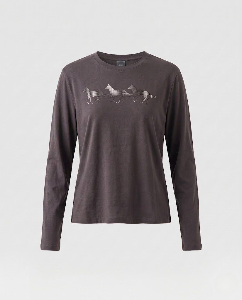 Damen Feines Langarmshirt aus Baumwolljersey mit Strass‑Pferdemotiv und ausgestellten Daumenlochärmeln Shop Nory