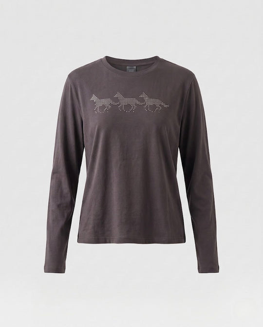 Damen Feines Langarmshirt aus Baumwolljersey mit Strass‑Pferdemotiv und ausgestellten Daumenlochärmeln Shop Nory