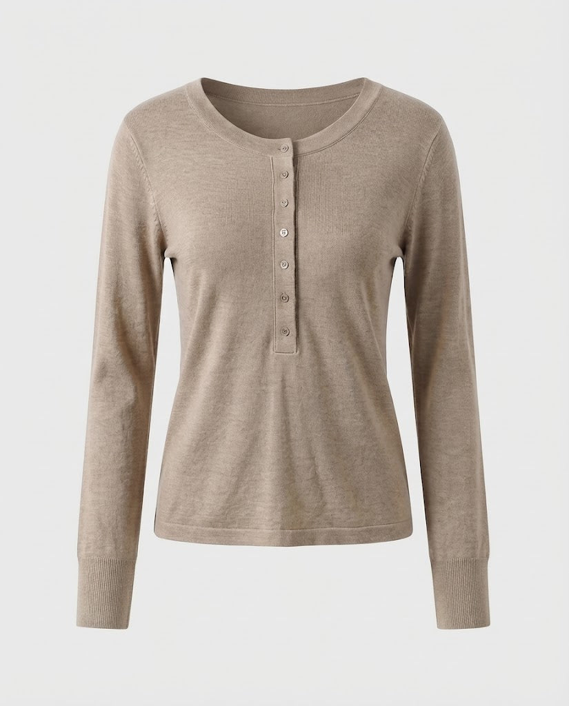 Damen Feines Langarm-Henley aus Feinstrick mit knöpfbarer Mittelblende und schmaler Passform Shop Nory