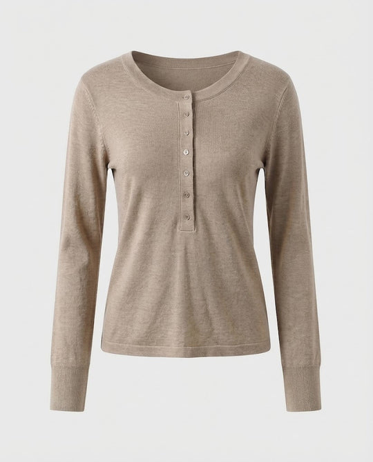 Damen Feines Langarm-Henley aus Feinstrick mit knöpfbarer Mittelblende und schmaler Passform Shop Nory