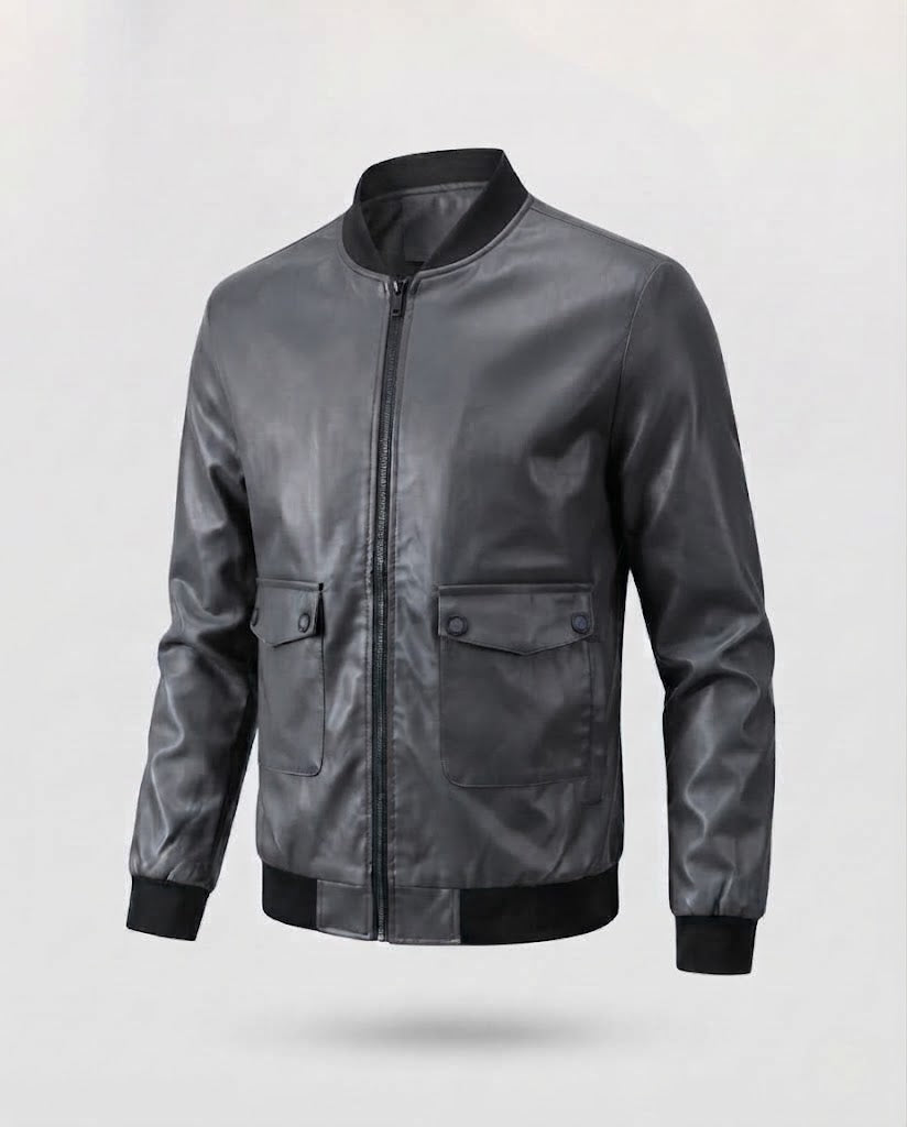 Herren Lederlook Bomberjacke mit Klappentaschen und gerippten Bündchen Shop nory
