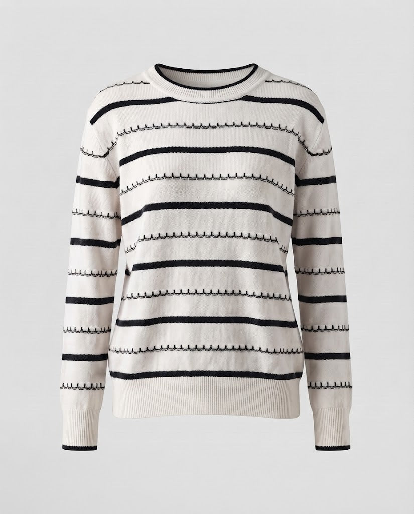 Damen Gestreifter Feinstrickpullover mit Ziernaht und Rundhalsausschnitt Shop Nory
